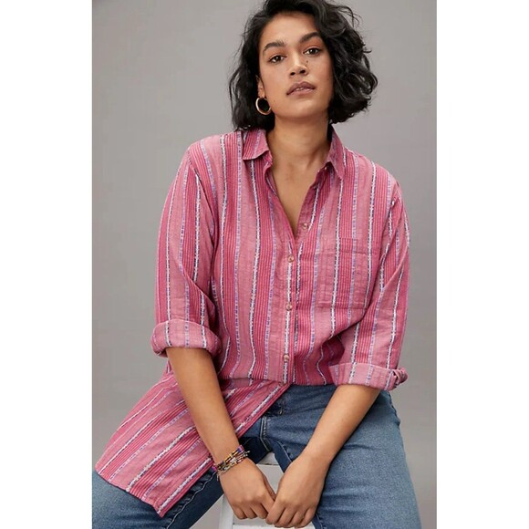 Anthropologie Pilcro S Pink Bo Boyfriend Metallic Stripe Cotton Button Tunic - Picture 1 of 4